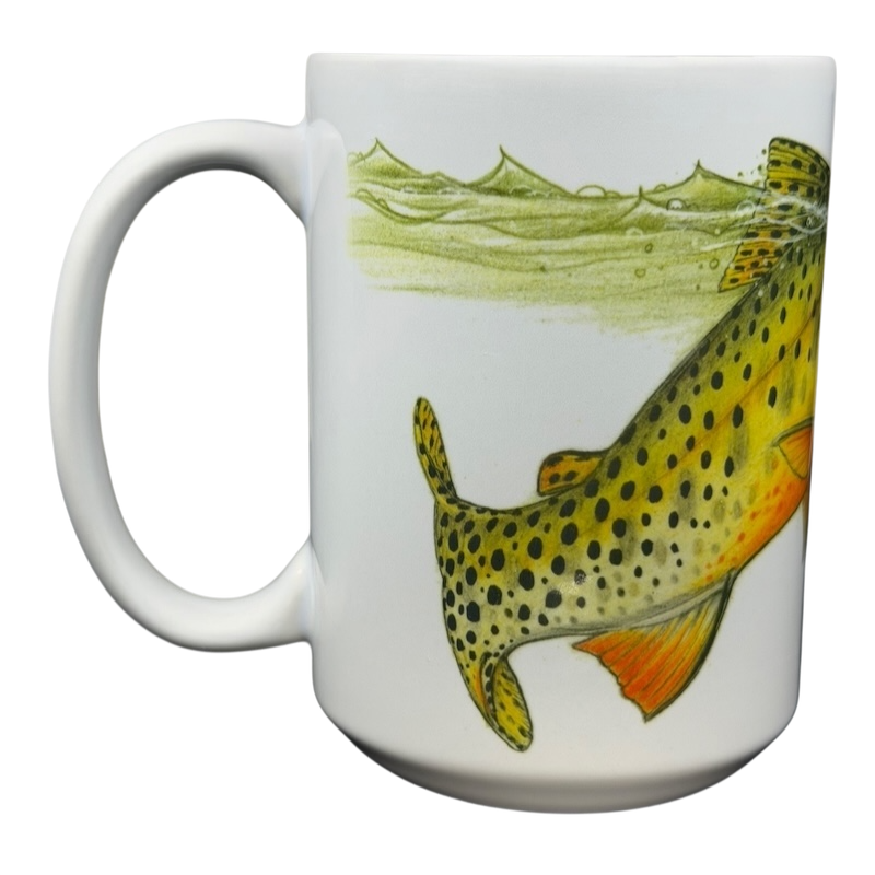 Ceramic Dave Whitlock Trout and Dragonfly Fly Fishing Mug featuring colorful trout illustration