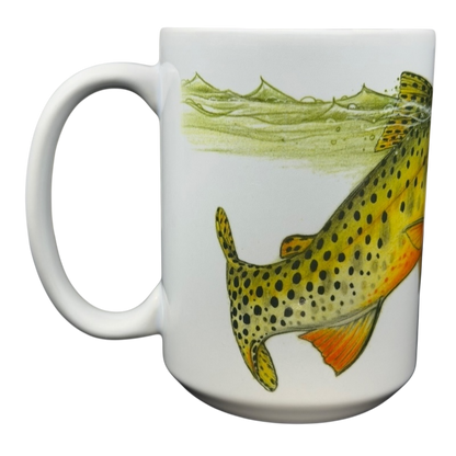Ceramic Dave Whitlock Trout and Dragonfly Fly Fishing Mug featuring colorful trout illustration