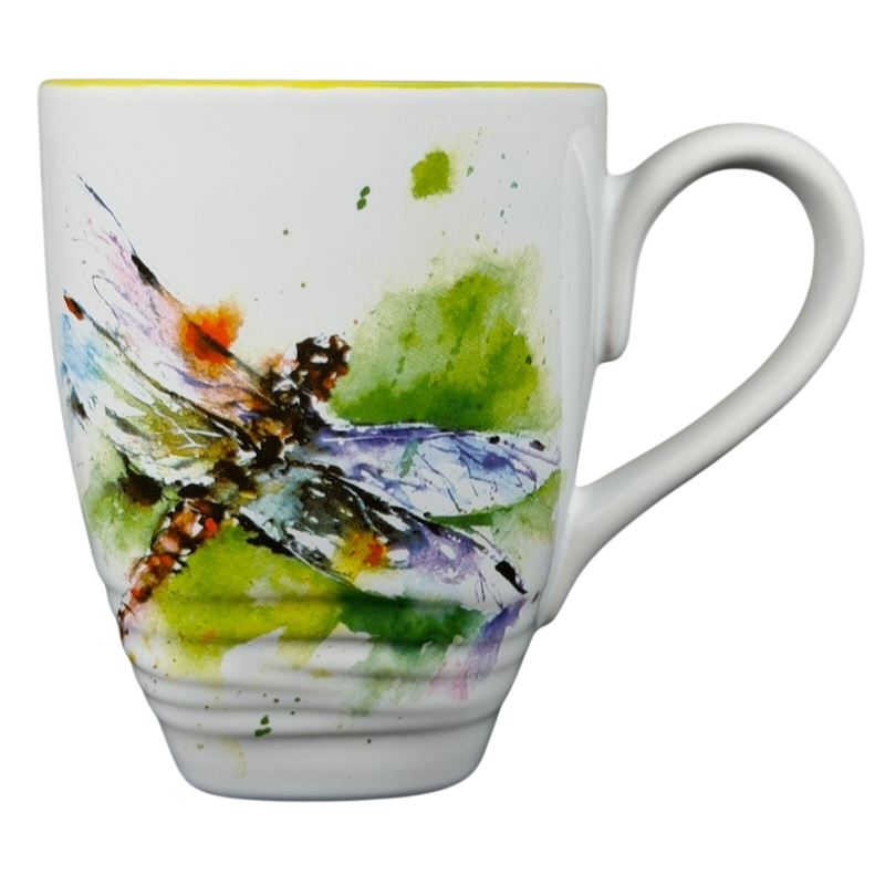 Dean Crouser Dragonfly Mug with a Colorful Watercolor Dragonfly Design on a White Background