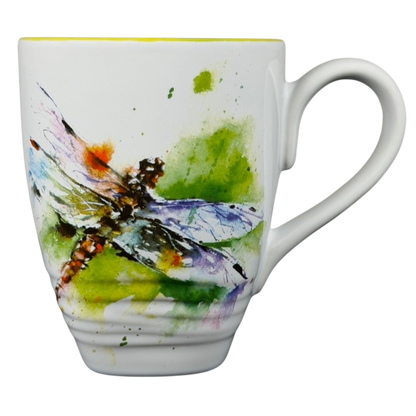 Dean Crouser Dragonfly Mug with a Colorful Watercolor Dragonfly Design on a White Background