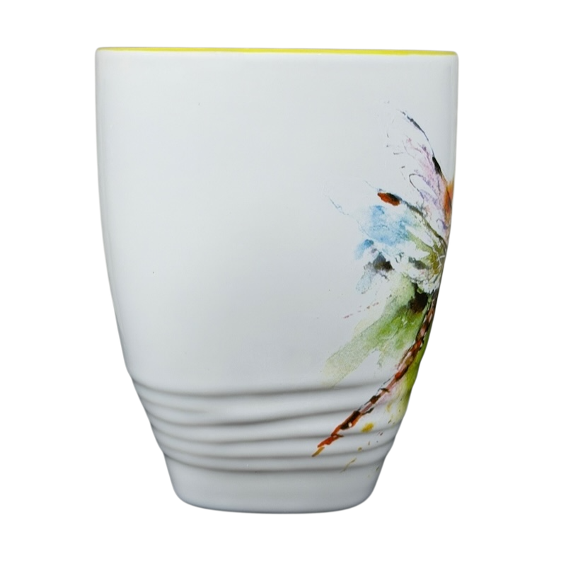 Dean Crouser Dragonfly Mug featuring a colorful dragonfly design on a white background