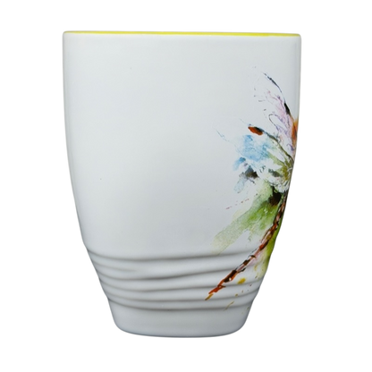 Dean Crouser Dragonfly Mug featuring a colorful dragonfly design on a white background