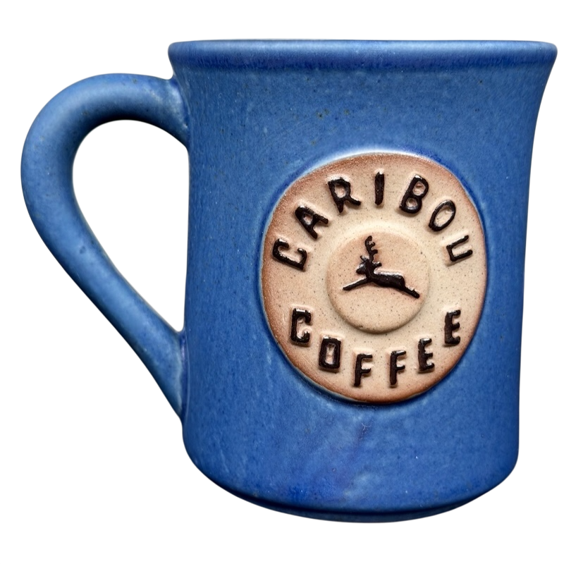 Ceramic Deer Logo Mug Caribou Coffee in Blue with Raised Logo and Comfortable Handle
