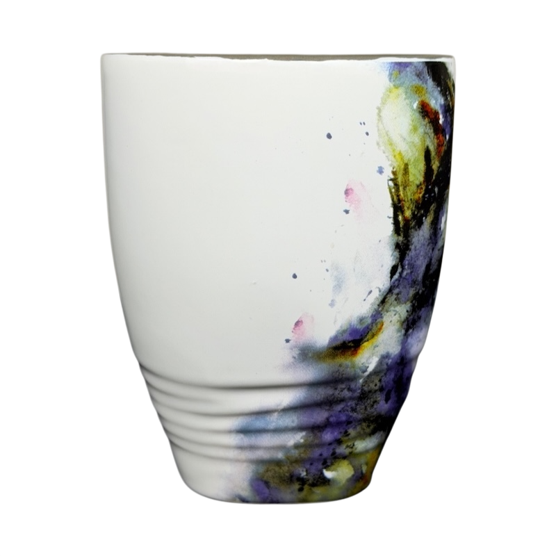 Dean Crouser Wolf Mug Demdaco featuring a colorful watercolor wolf design on a white background