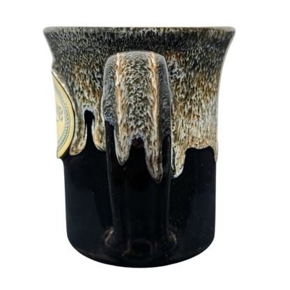Deneen Pottery Devil's Thumb Ranch mug 2017 hand glazed black and tan drip stoneware mug with medallion