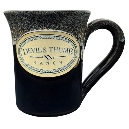 Deneen Pottery Devil's Thumb Ranch mug 2017 dark glazed ceramic mug with oval ranch logo and speckled rim