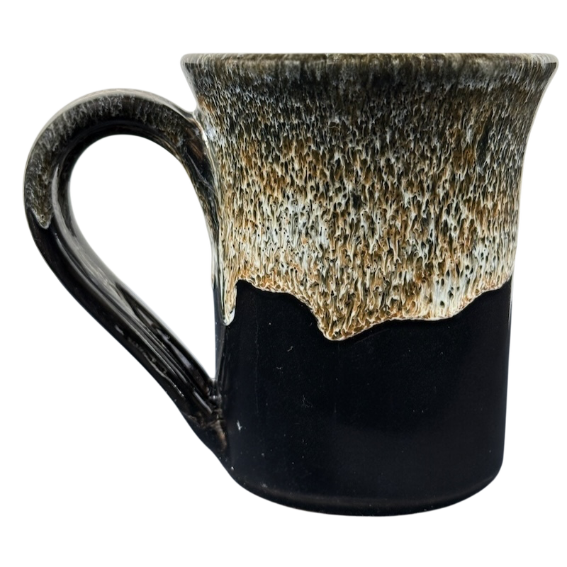 Handmade Deneen Pottery Devil's Thumb Ranch mug 2017 with black base and textured brown cream drip glaze and large handle
