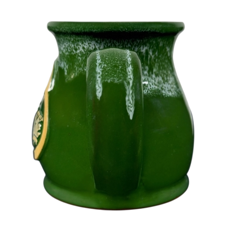 Deneen Pottery Egg Harbor Rockford Illinois vintage mug glossy deep green ceramic mug with curved handle and gold decal
