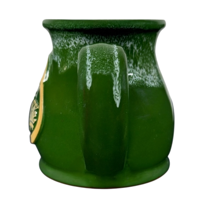 Deneen Pottery Egg Harbor Rockford Illinois vintage mug glossy deep green ceramic mug with curved handle and gold decal