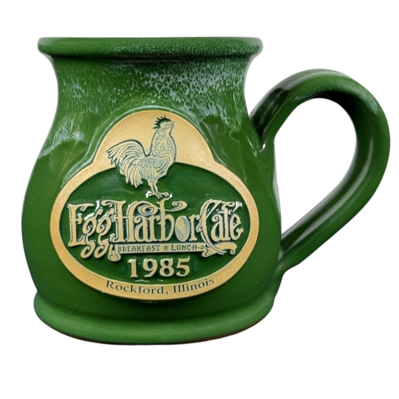 Green Deneen Pottery Egg Harbor Rockford Illinois vintage mug with rooster emblem 1985 cafe logo