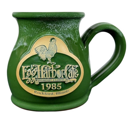 Green Deneen Pottery Egg Harbor Rockford Illinois vintage mug with rooster emblem 1985 cafe logo