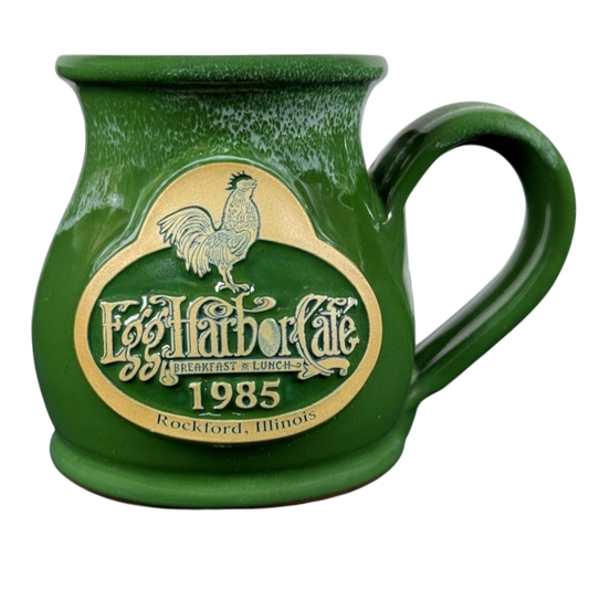 Green Deneen Pottery Egg Harbor Rockford Illinois vintage mug with rooster emblem 1985 cafe logo