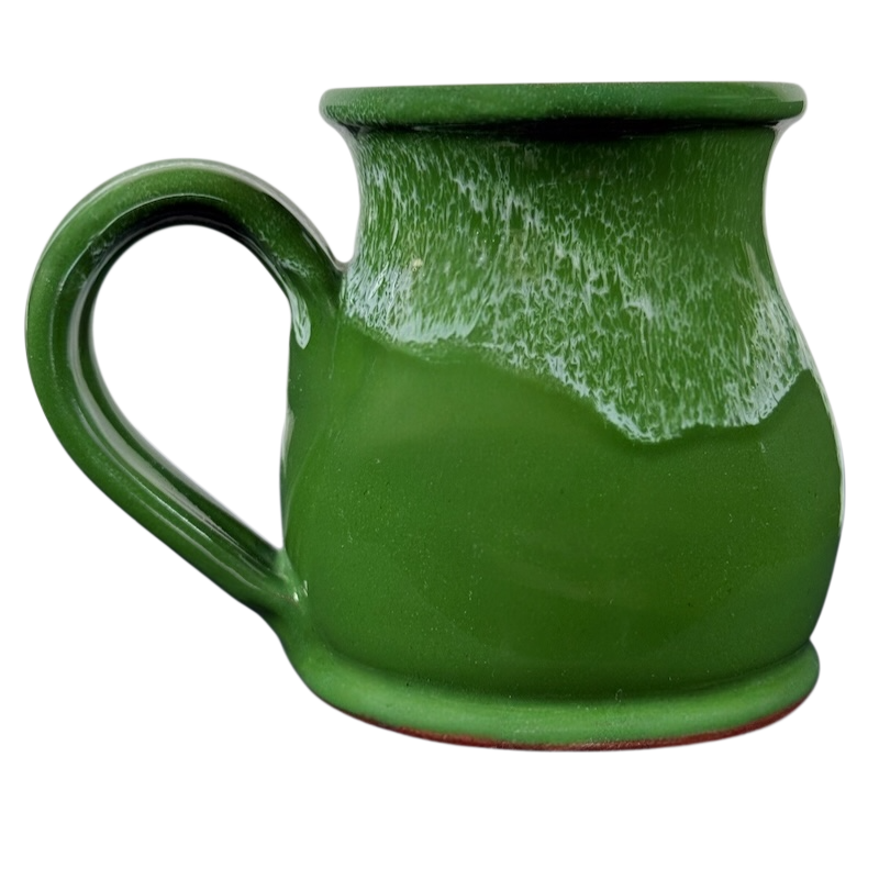 Deneen Pottery Egg Harbor Rockford Illinois vintage mug green hand thrown ceramic mug with white drip glaze and handle