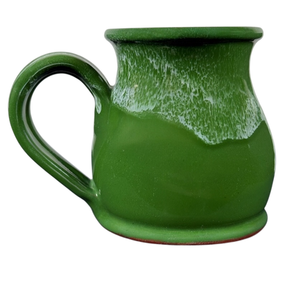 Deneen Pottery Egg Harbor Rockford Illinois vintage mug green hand thrown ceramic mug with white drip glaze and handle