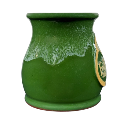 Green dripped glaze ceramic mug with flared rim and side badge Deneen Pottery Egg Harbor Rockford Illinois vintage mug