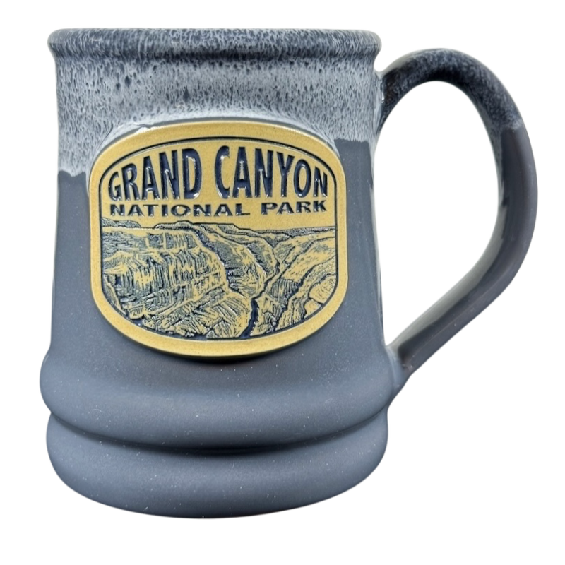 Gray blue Deneen Pottery mug with raised Grand Canyon plaque, handle, Grand Canyon National Park Deneen Pottery collectible mug.
