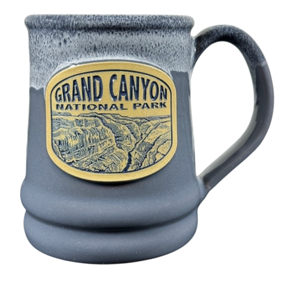 Gray blue Deneen Pottery mug with raised Grand Canyon plaque, handle, Grand Canyon National Park Deneen Pottery collectible mug.