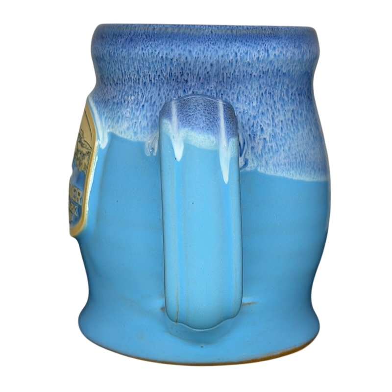 Mount Rainier National Park Mug Deneen Pottery in blue with textured handle and scenic design