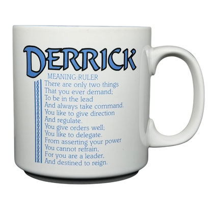 Derrick name poetry mug featuring the meaning ruler and motivational text about leadership
