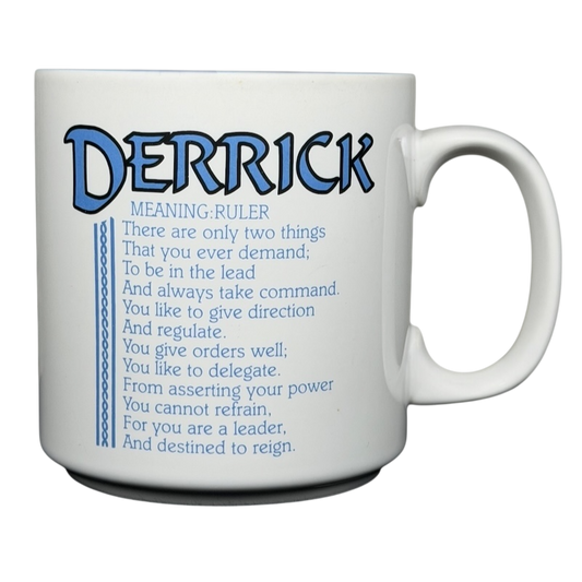 Derrick name poetry mug featuring the meaning ruler and motivational text about leadership