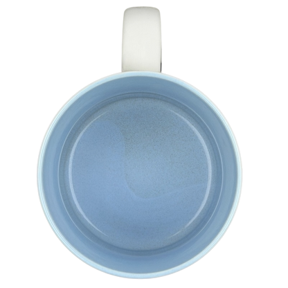 Top view of a blue ceramic mug with Derrick name poetry mug design for personalized gifting