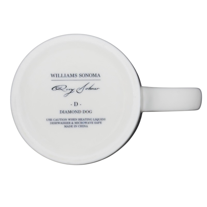 Bottom view of Diamond Dog Rory Dobner Monogram Mug Williams Sonoma showcasing the brand and care instructions