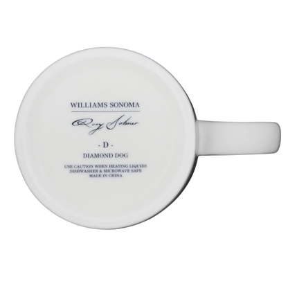 Bottom view of Diamond Dog Rory Dobner Monogram Mug Williams Sonoma showcasing the brand and care instructions