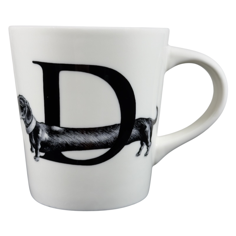 Diamond Dog Rory Dobner Monogram Mug Williams Sonoma featuring a black 'D' and a playful dog illustration