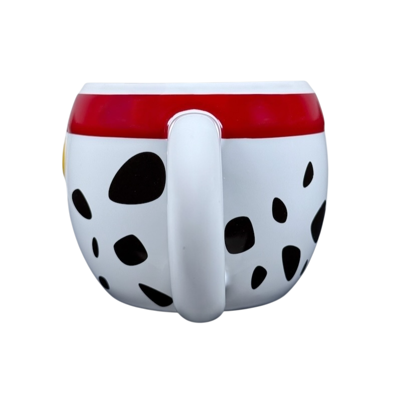101 Dalmatians embossed vintage mug white ceramic with black dalmatian spots red rim and curved handle