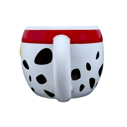 101 Dalmatians embossed vintage mug white ceramic with black dalmatian spots red rim and curved handle