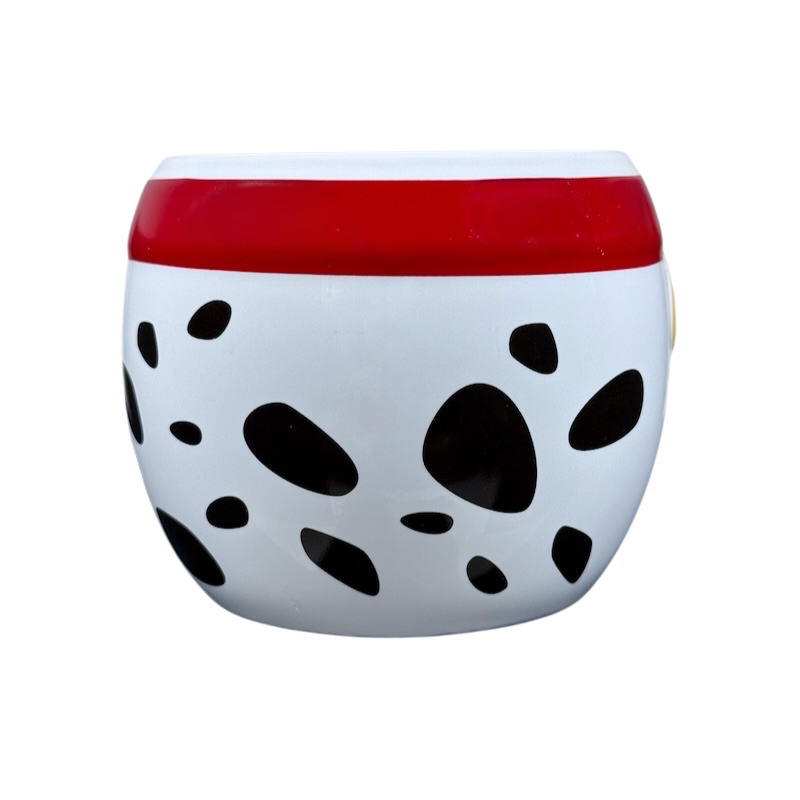 Disney 101 Dalmatians embossed vintage mug white ceramic with black Dalmatian spots and red rim