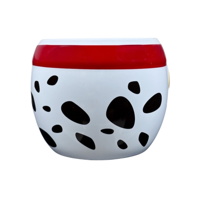Disney 101 Dalmatians embossed vintage mug white ceramic with black Dalmatian spots and red rim