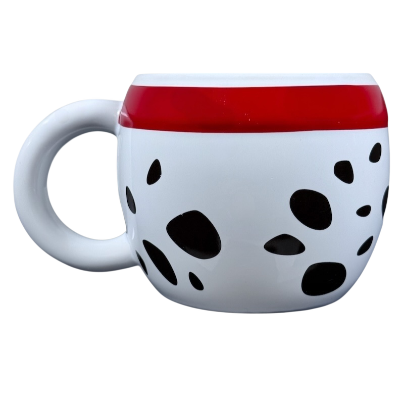 Disney 101 Dalmatians embossed vintage mug white ceramic with black dalmatian spots and red rim handle