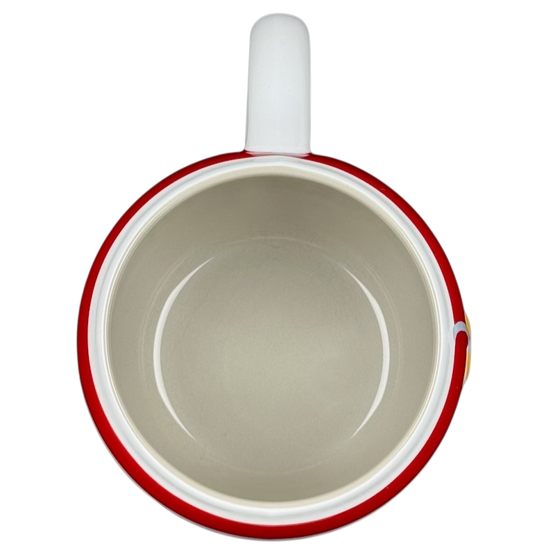 101 Dalmatians embossed vintage mug top view showing white interior red rim and white handle Disney ceramic cup