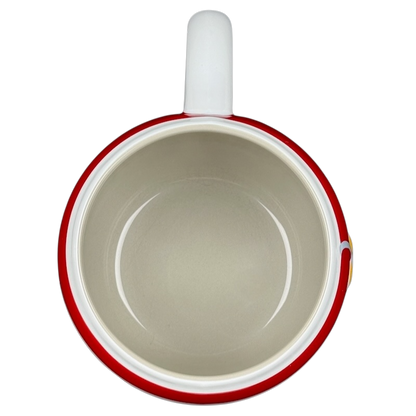 101 Dalmatians embossed vintage mug top view showing white interior red rim and white handle Disney ceramic cup