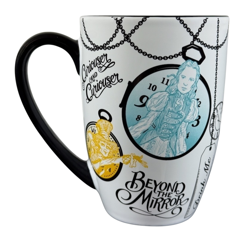 Disney Alice Through The Looking Glass collectible mug featuring artwork of Alice with clock and Beyond the Mirror text