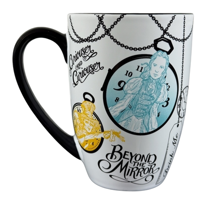 Disney Alice Through The Looking Glass collectible mug featuring artwork of Alice with clock and Beyond the Mirror text