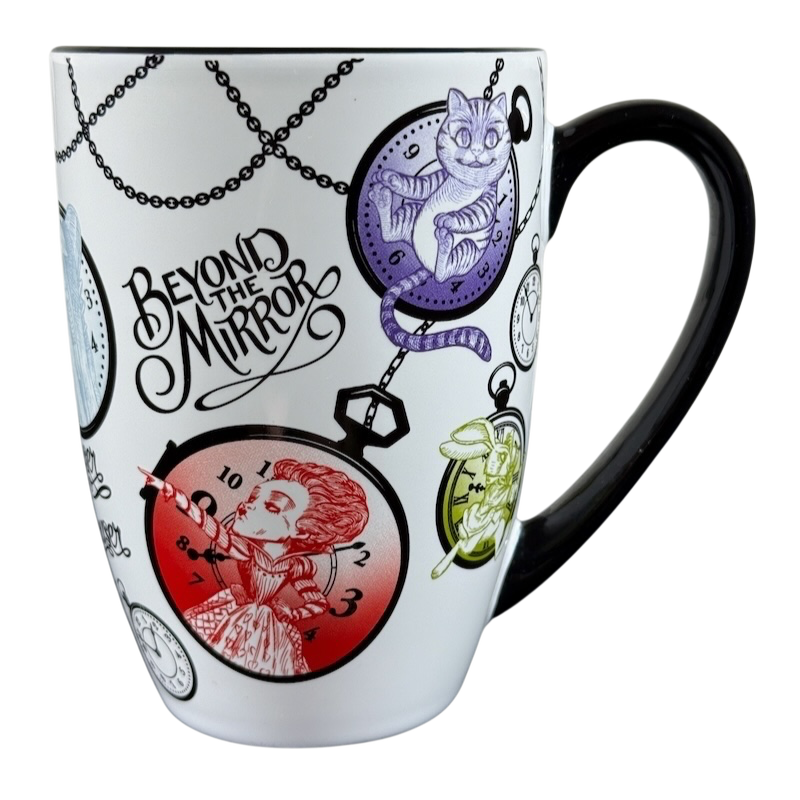 Disney Alice Through The Looking Glass collectible mug featuring colorful character pocket watches and Beyond the Mirror text