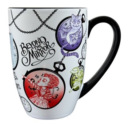 Disney Alice Through The Looking Glass collectible mug featuring colorful character pocket watches and Beyond the Mirror text
