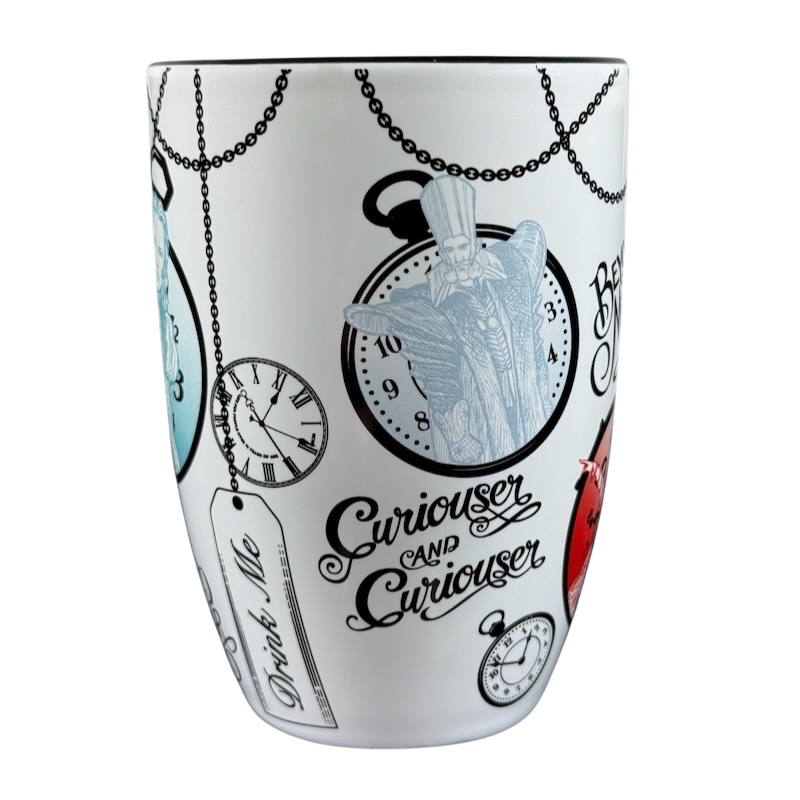 Disney Alice Through The Looking Glass collectible mug with clock designs and Curiouser and Curiouser text