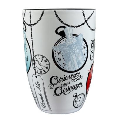 Disney Alice Through The Looking Glass collectible mug with clock designs and Curiouser and Curiouser text