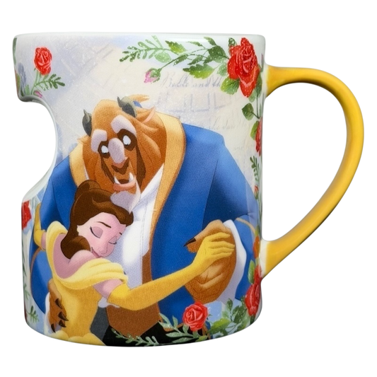 Beauty and the Beast Floral Collectible Disney mug featuring Belle and the Beast in a romantic embrace