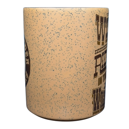 Disney Big Thunder Mountain Railroad Mug with a speckled design and vintage park graphics