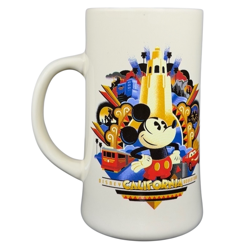 Disney California Adventure Mickey Mouse mug featuring colorful designs and iconic Disney elements