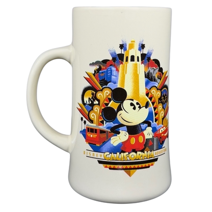Disney California Adventure Mickey Mouse mug featuring colorful designs and iconic Disney elements