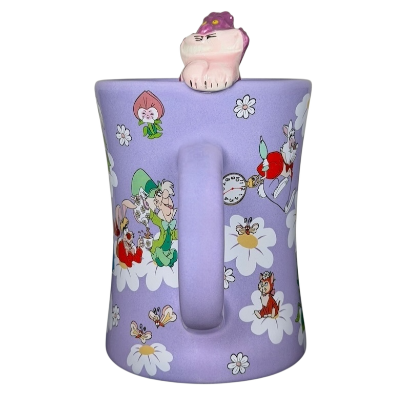 Disney Cheshire Cat collectible mug featuring colorful floral design and a playful cat lid