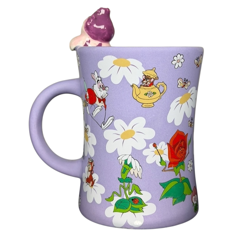 Disney Cheshire Cat collectible mug in purple with whimsical floral designs and character accents