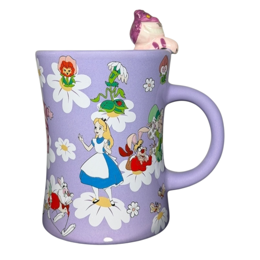 Disney Cheshire Cat collectible mug featuring vibrant characters and flowers from Alice in Wonderland