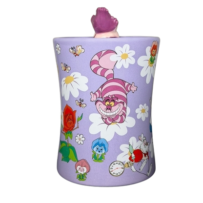 Disney Cheshire Cat collectible mug featuring colorful floral designs and cheerful character illustrations