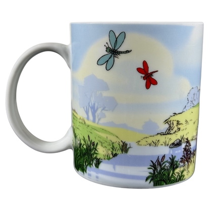 Disney collectible mug Eeyore Piglet with scenic nature design and colorful dragonflies